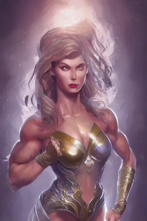 Image similar to three quarters portrait pose of a beautiful woman, strong body,super heroine costume,super powers, fantasy, intricate, elegant, highly detailed, digital painting, artstation, concept art,shining, sharp focus, illustration, art by Stanley Lau