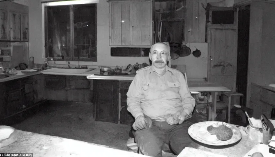Image similar to a glowing man sitting in a stalinist style kitchen, by mini dv camera, very very low quality, heavy grain, very blurry, accidental flash, webcam footage, found footage, security cam, caught on trail cam