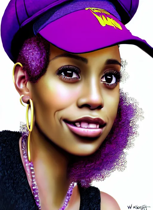 Image similar to portrait of young vanessa morgan with bright pink hair, black girl, vanessa morgan, curly pixie cut hair, wearing purple newsboy cap, newsboy cap, subtle smile, hoop earrings, intricate, elegant, glowing lights, highly detailed, digital painting, artstation, concept art, smooth, sharp focus, illustration, art by wlop, mars ravelo and greg rutkowski