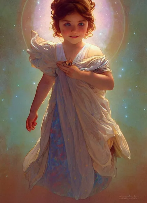 Image similar to a cute little girl with a round cherubic face, blue eyes, and short wavy light brown hair smiles as she floats in space with stars all around her. she is wearing a turquoise dress. beautiful painting by artgerm and greg rutkowski and alphonse mucha