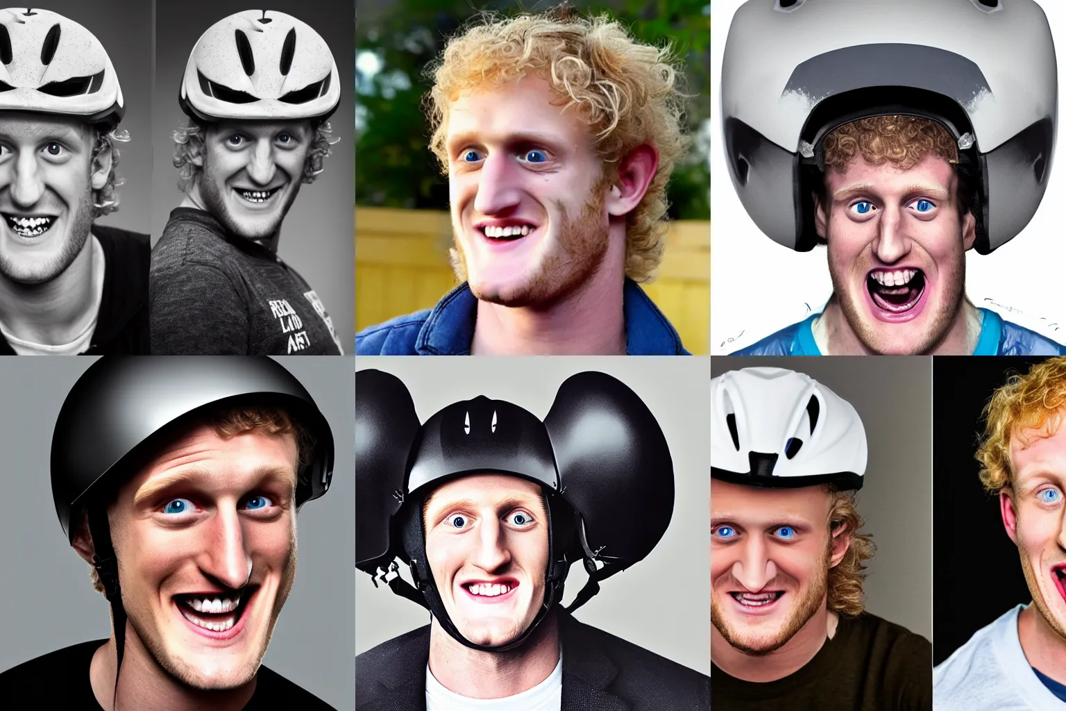 Prompt: A portrait of special needs Logan Paul wearing a bicycle helmet. Massive grin. Mad TV. cursed and haunted. double chin.