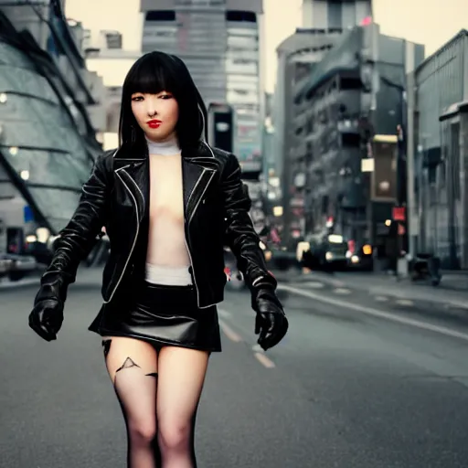 Image similar to a dynamic, epic cinematic 8K HD movie shot of a japanese beautiful cute young J-Pop idol actress yakuza rock star girl wearing leather jacket, miniskirt, nylon tights, high heels boots, gloves and jewelry. Motion, VFX, Inspirational arthouse