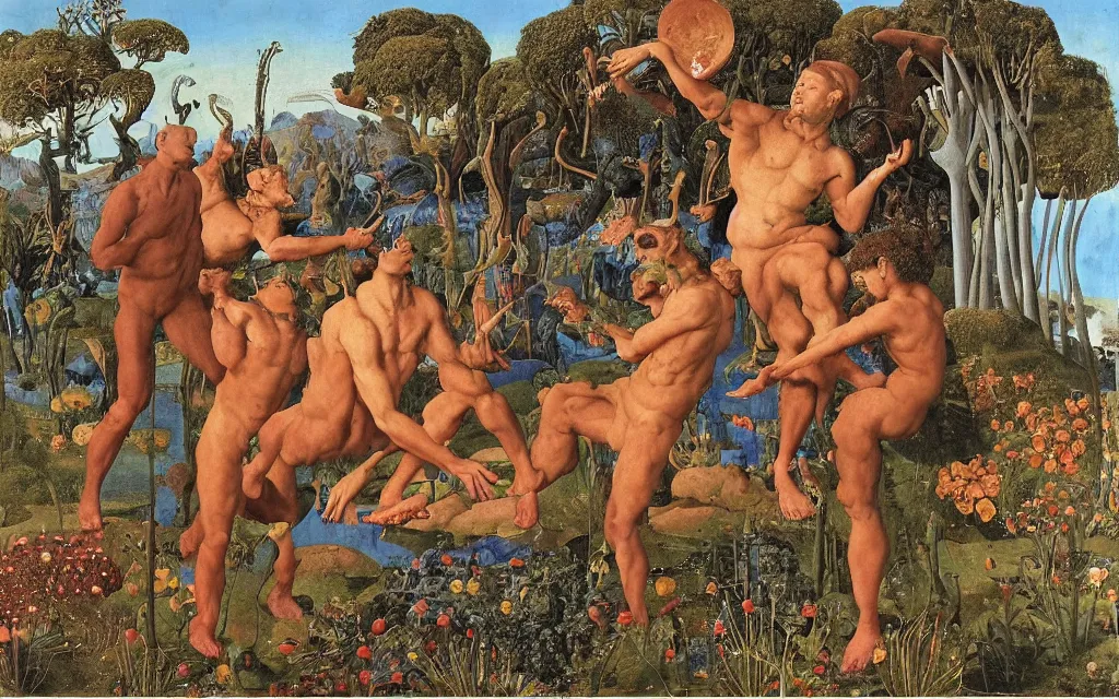 Image similar to a portrait photograph of a meditating satyr and a centaur monk riding a rocket machine and hunting at a river delta. surrounded by bulbous flowers and trees. mountain range under a blue sky of fiery stars. by jan van eyck, max ernst, ernst haeckel, ernst fuchs and artgerm, cgsociety, fashion editorial, 8 k