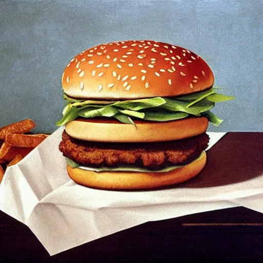 Prompt: mcdonalds big mac, painting by caravaggio