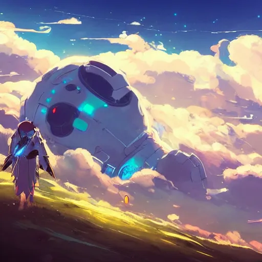 Prompt: a spaceship crashed into a foreign planet. The spaceship is buried in the ground. beautiful blue sky with large white anime clouds. in the style of digital art, artstation trending, rossdraws, breath of the wild, Makoto Shinkai, ghibli