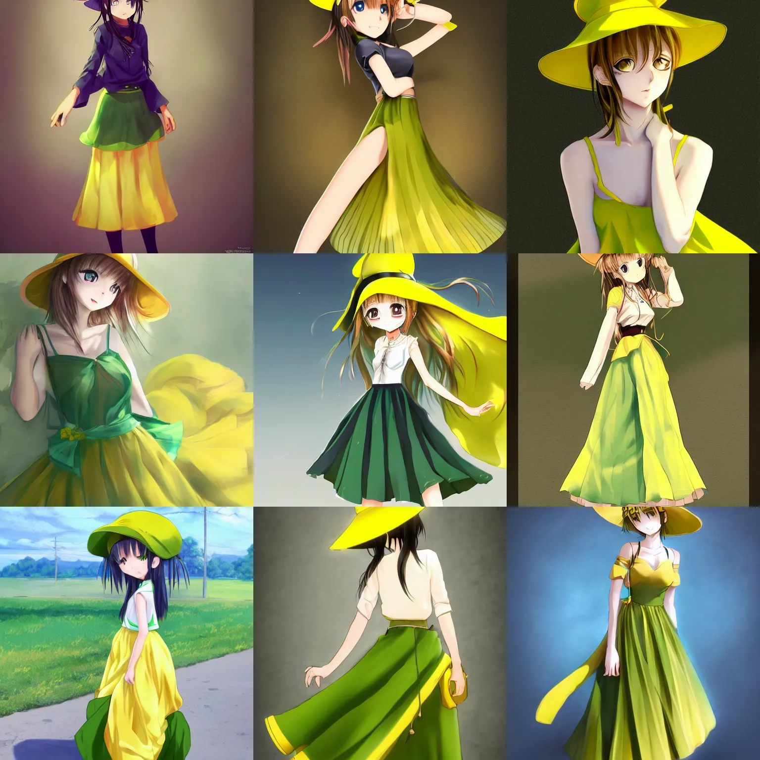Prompt: beautiful anime girl wearing a long green skirt and a yellow hat, trending on artstation