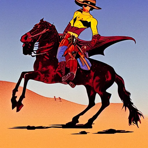 Image similar to gunslinger on a horse overlooking the desert, in the style of Batman the animated series by Bruce Trimm