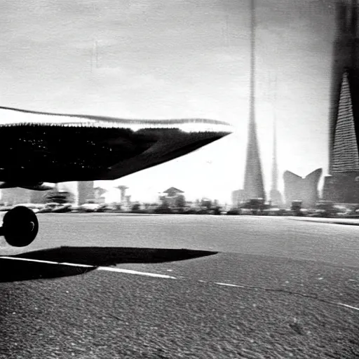 Image similar to an oldie car with wings, cyber punk, starship in background, detailed, award winning, masterpiece, photograph, cinematic, black-white retro photo 1910