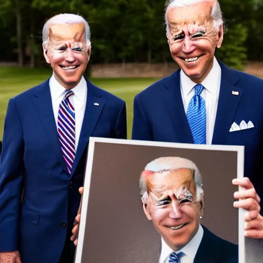 Image similar to A portrait photo of joe biden teams up with a teenage joe biden, perfect faces, 50 mm, award winning photography