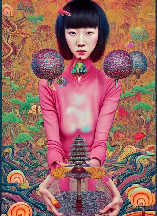 Image similar to pretty chinese model with hallucination mushroom : : by martine johanna and simon stalenhag and chie yoshii and casey weldon and wlop : : ornate, dynamic, particulate, rich colors, intricate, elegant, highly detailed, vogue, harper's bazaar art, fashion magazine, smooth, sharp focus,