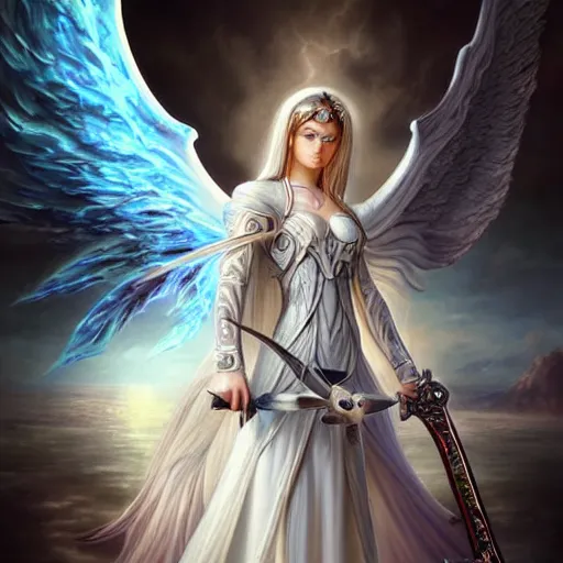 Image similar to an airbrush painting, an ultrafine detailed painting, of a white angel holding a sword and a sword, digital art by Anne Stokes, and by Hsiao-Ron Cheng , and by deviantart and by An Gyeon. Featured on devianart, featured on cgsociety, fantasy art, angelic photograph, wiccan, daz3d, mystical, tarot card, deviantart, artstation hd