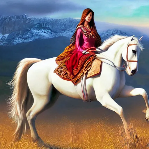 Prompt: a beautiful young kurdish woman riding a beautiufl white horse in the kurdish mountains art by martin ansin, highly detailed, 8 k, high resolution, award winning art, incredibly intricate