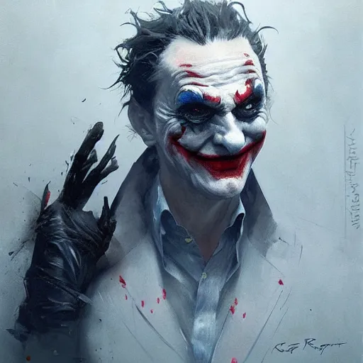 Image similar to joker, crazy face, facepalm, paint by greg rutkowski