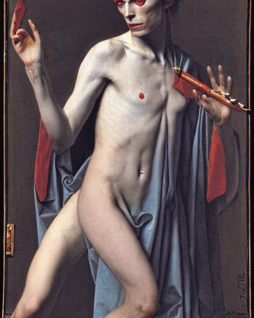 Prompt: david bowie as a diety by jean auguste dominique ingres, labyrinthine, sacred, mystical