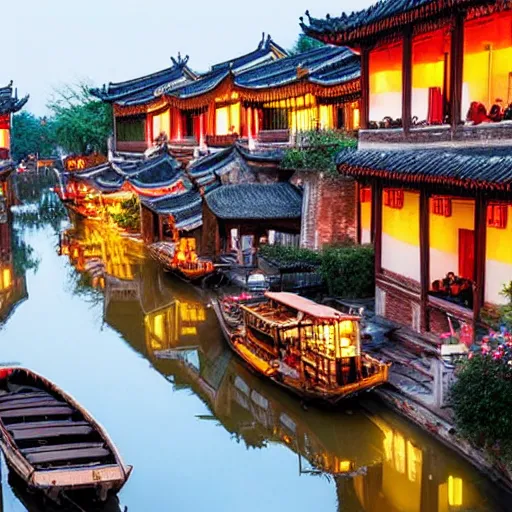 Prompt: beautiful and peaceful ancient water town in the south of china, zhouzhuang ancient town, movie style, warm color to move, boats, evening lanterns, the glow of the sunset on the water, lanterns in the sky at night, highly detailed, 4 k