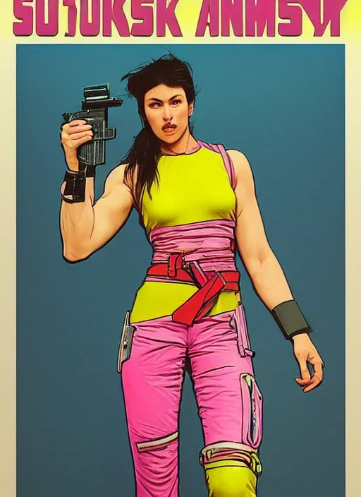 Image similar to beautiful cyberpunk female athlete wearing pink jumpsuit and firing a futuristic yellow belt fed automatic pistol. poster for pistol. cyberpunk ad poster by james gurney, azamat khairov, and alphonso mucha. artstationhq. gorgeous face. painting with vivid color, cell shading. buy now! ( rb 6 s, cyberpunk 2 0 7 7 )