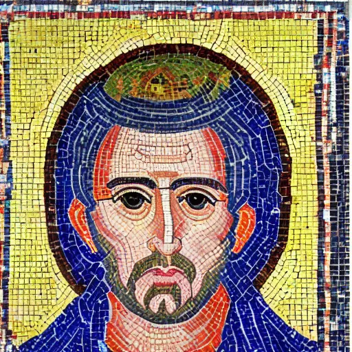 prompthunt: byzantine mosaic of gigachad, perfect face, perfect eyes,  strong jaw, centered, awarded photo, intricated, very detailed, highly  qualified