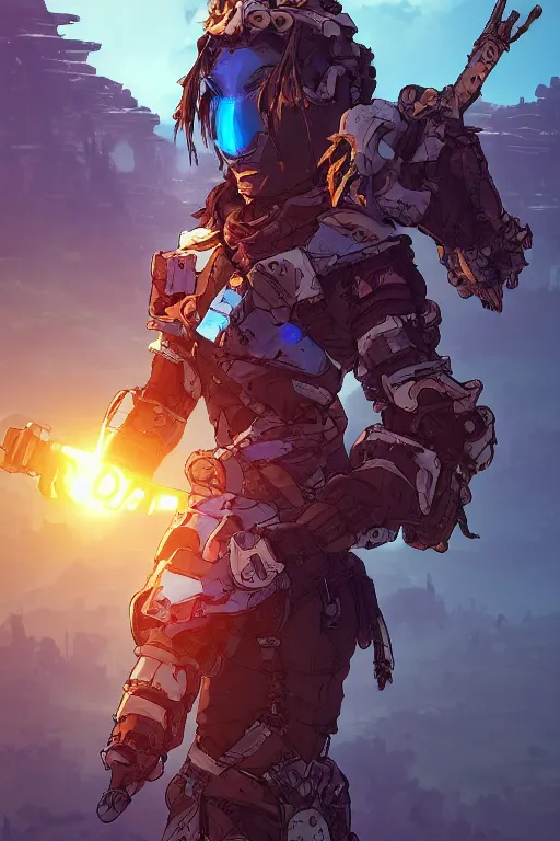 Image similar to combination suit armor aloy horizon forbidden west horizon zero dawn robot ninja mask helmet backpack tribal, art gta 5 comics, official fanart behance hd artstation by jesper ejsing, by rhads, makoto shinkai and lois van baarle, ilya kuvshinov, ossdraws radiating a glowing aura cgi rtx 2 0 2 2