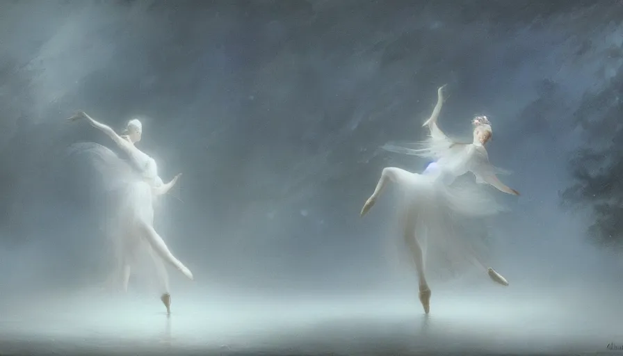 Image similar to the moonlit dance of the fae, dancers in white, the moonlit dance by marcel caram and elena vizerskaya and ( ivan aivazovsky ), impresion de giclee arte abstracto, award winning, atmospheric, trending on artstation, surrealist, volumetric lighting