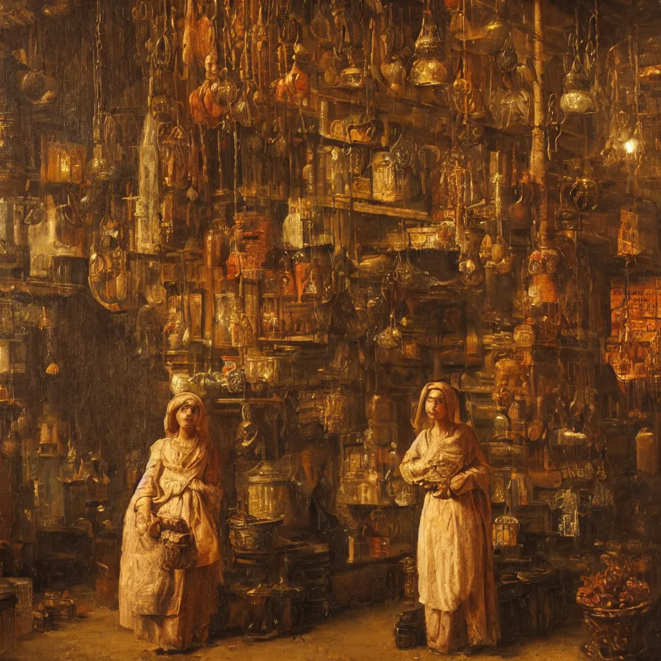 Image similar to young woman standing in a spice market at night byjohann mongels culverhouse, oil on canvas, masterful intricate artwork, excellent lighting, high detail 8 k