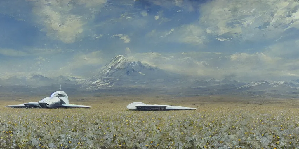 Prompt: Fernand Khnopff white giant spaceship landed laying in center on tansy wormwood field, snowy mountain afar by Fernand Khnopff by john berkey, oil painting, concept art