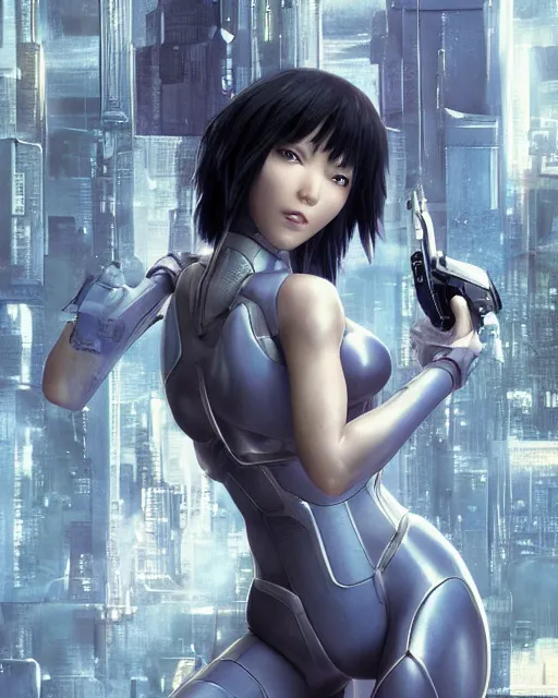 Image similar to weta disney pixar movie still portrait photo of motoko kusanagi ghost in the shell : : as cyborg woman by pixar : : by weta, wlop, ilya kuvshinov, rossdraws, artgerm, marvel, maxim cover, latex, octane render, sweaty, iridescent, bright morning, anime, liosh, mucha : :