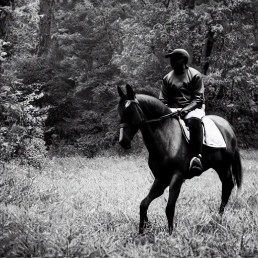 Prompt: Kanye West riding a horse in the forest, 35mm, photorealistic, studio light, noire