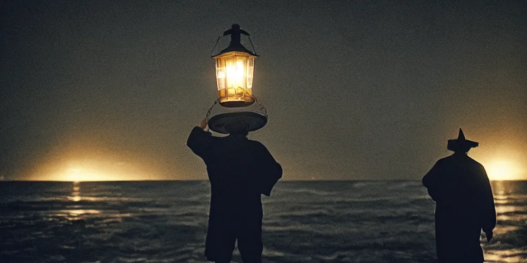 Image similar to film still of closeup old man holding up lantern by his beach hut at night. pirate ship in the ocean by emmanuel lubezki