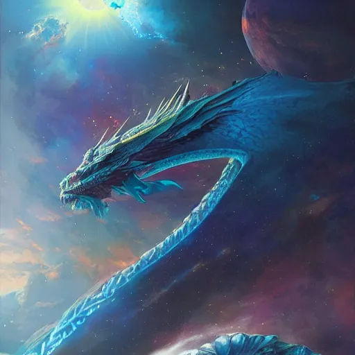 Prompt: prompt crystalline blue dragon in space devouring a planet, Smough, sun system, nebula, oil painting, by Fernanda Suarez and and Edgar Maxence and greg rutkowski