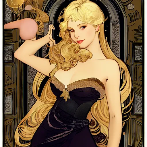 Prompt: blonde with champagne. art by mucha and wlop