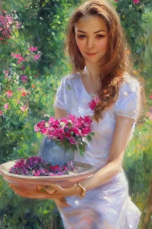 Image similar to portrait of a beautiful woman by the fountain in the garden, morning, highly detailed, ultrarealistic oil painting, vladimir volegov, artstation