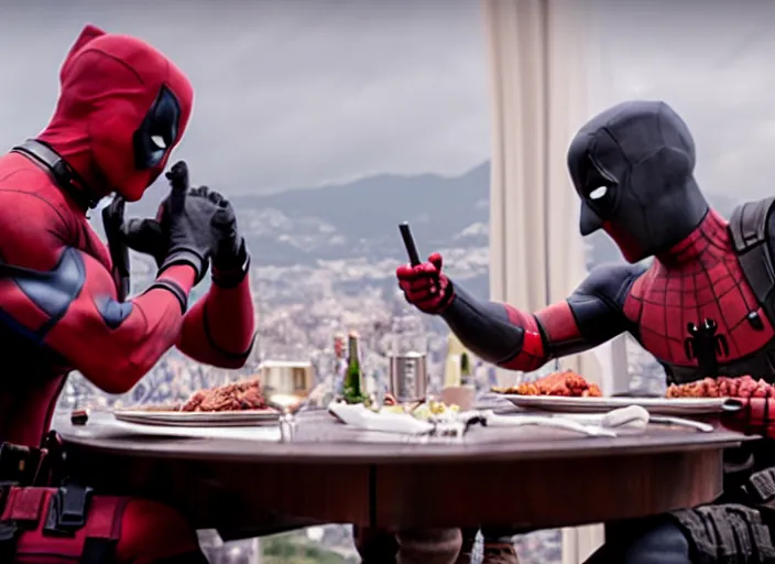 Image similar to film still of Deadpool having a romantic dinner with Spiderman in the new Deadpool movie, 4k