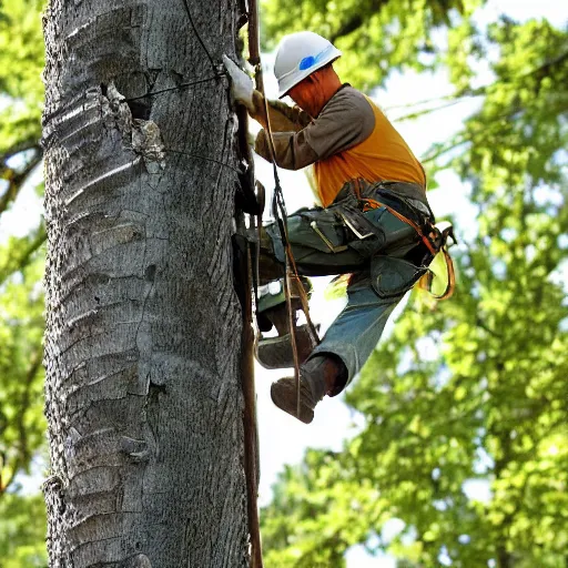 Prompt: a hornet nest on a telephone pole and a lineman working on the pole.