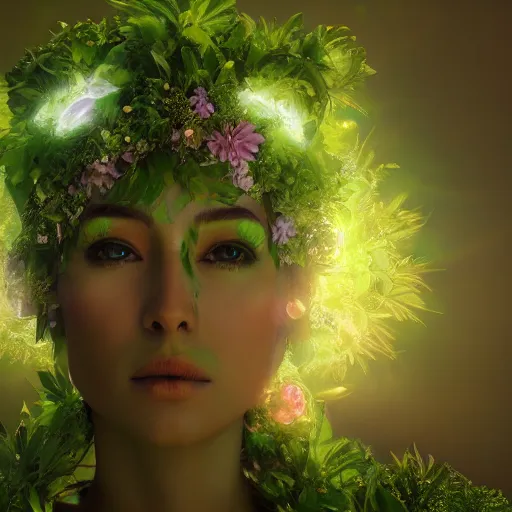 Prompt: flower goddess, concept character, beautiful, stunning, green mist, radiating power, energy, god rays, luminescence, fractal, unreal engine, 8 k