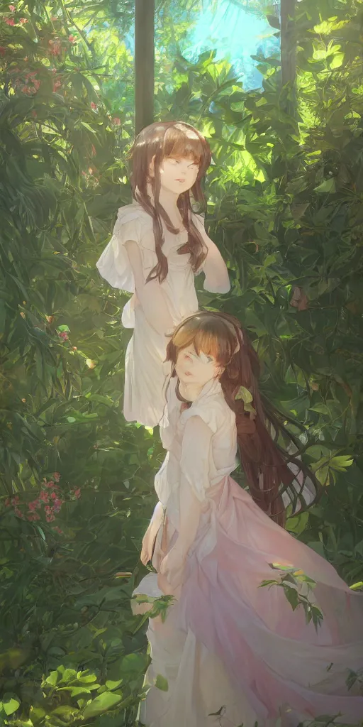 Image similar to a digital art of a loli with long hair in a dress in the privet garden at after noon, green and warm theme, back lighting, by krenz cushart and mucha and akihito yoshida and greg rutkowski and makoto shinkai, graphic design, detailed eyes, 4 k resolution, trending on art station