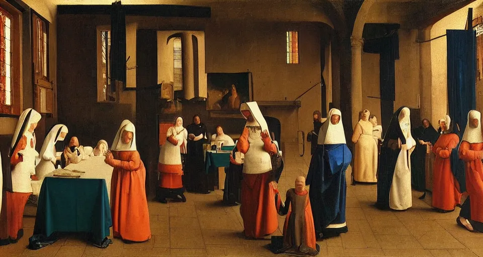 Image similar to a painting of nuns at a strip club, medieval painting by Jan van Eyck, Johannes Vermeer