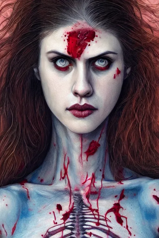 Image similar to woman covered with blood, covered with skeleton tattoo, alexandra daddario face!!!, masterpiece portrait, long red hair, beautiful blue eyes, ultra realistic, concept art, intricate details, highly detailed, photorealistic, octane render, 8 k, unreal engine. retro film still, heavy grain, 3 5 mm, art by artgerm and greg rutkowski and alphonse mucha