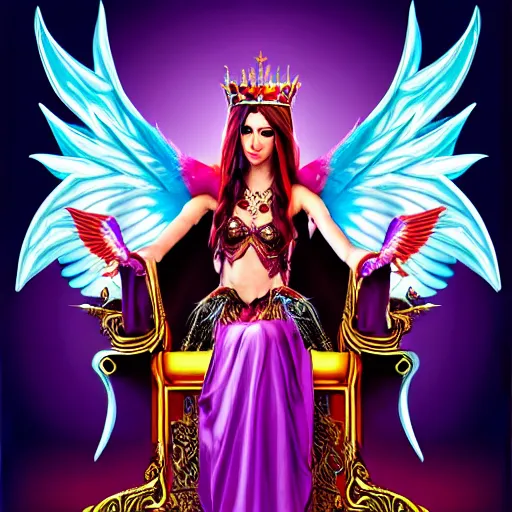 Prompt: Princess sorceress with red flaming bird wings on her back and sitting on an ornate throne dressed in a fancy purple dress, beautiful face, Fantasy, Full Portrait, High detail, realistic, planeswalker