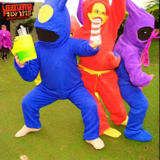Image similar to Ninja teletubbie with Mate drink on hand
