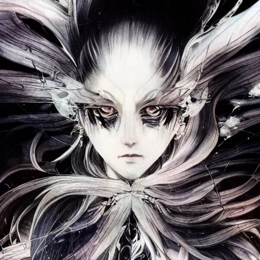 Image similar to Yoshitaka Amano blurred and dreamy illustration of an anime girl with wavy white hair fluttering in the wind and cracks on her face wearing elden ring armour with the cloak, abstract black and white patterns on the background, noisy film grain effect, highly detailed, Renaissance oil painting, weird portrait angle