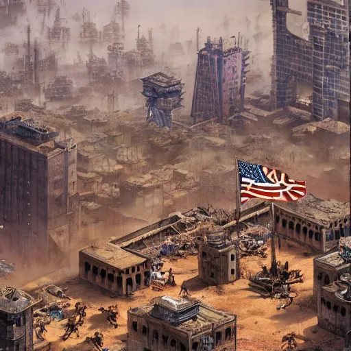 Image similar to (Age of Empires III), colony with checkered flags, rust and brutalist buildings . Propaganda poster, intricate, elegant, highly detailed, digital painting, artstation, concept art, matte, sharp focus, illustration, art by Enki Bilal and Moebius]