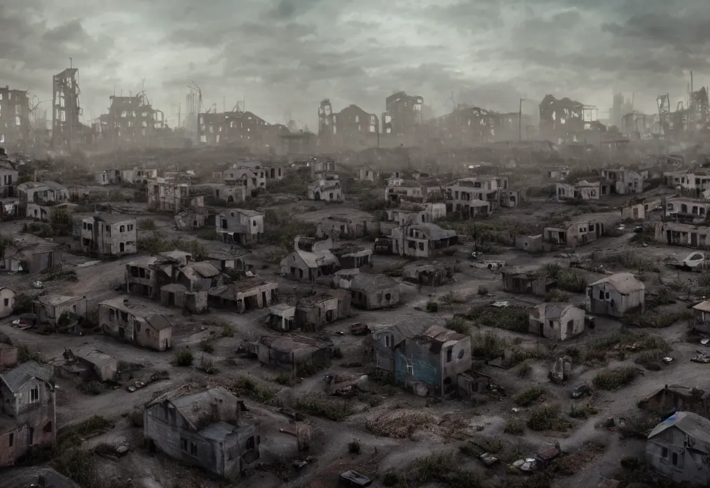 Prompt: dystopian poor village, with decrepit run down houses outside of a much larger town. 8 k, octane render, city in backround, town in foreground, dark, gloomy, sad, polluted