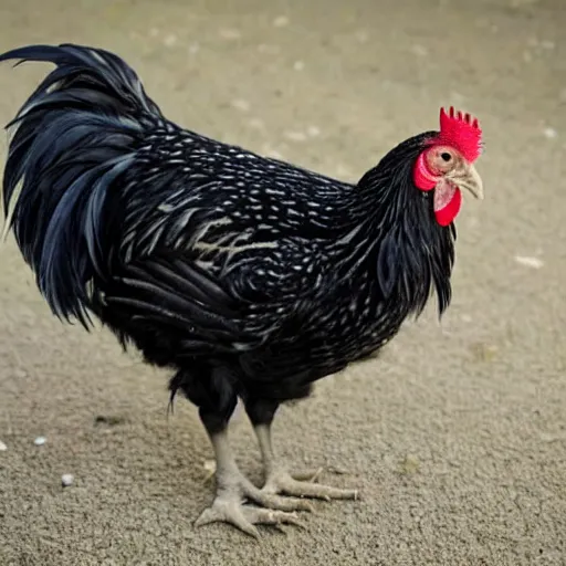 Image similar to a newly discovered breed of chicken with black feathers that is spotted with small white hearts