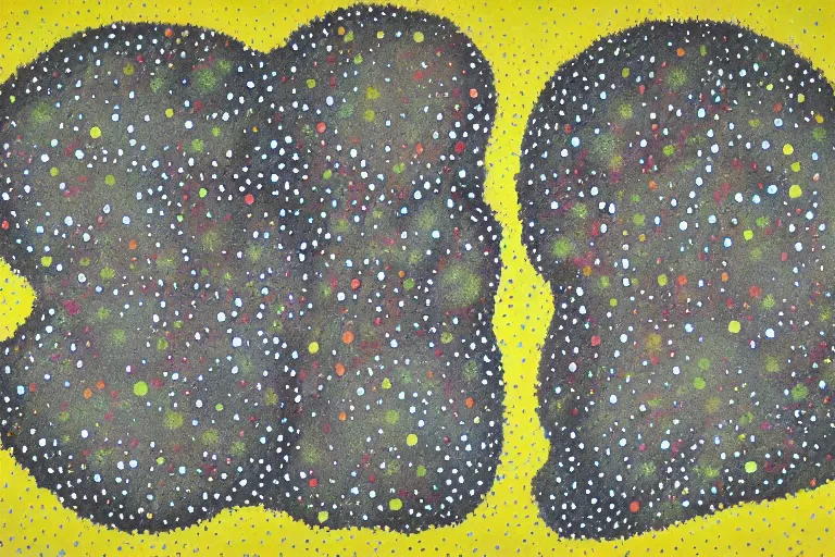 Image similar to teeth, smile, faceless people, black figures, dark, acrylic, clay, dots abstract, dripping, stipple, pointillism, technical, abstract, minimal, style of francis bacon, asymmetry, pulled apart, stretch, cloak, eerie, made of dots, abstraction chemicals, blotter, mask, colored dots, splotch, old painting style