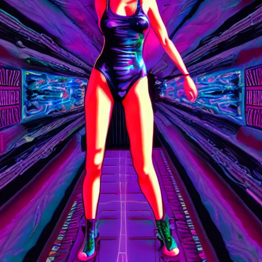 Prompt: Extreme long Shot of psychedelic Jill valentine in mysterious chromatic astral temple standing in swimsuit with glock17 , beautiful, dmt, trending on artstation, omnious, soft, hypermaximalistic, high details, cinematic, 8k resolution, artwork by Wong, Liam