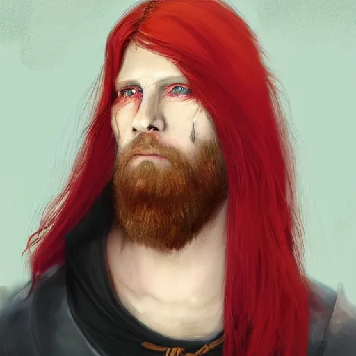 Image similar to A man with red hair parted in the middle in a surfer's cut, straight hair down to the ear. His left eye has three diagonal wounds, but the eye is open. He wears a black cloak with a collar. painted fantasy character portrait, head shot, concept art, sharp focus, highly detailed, illustration, trending on artstation, art by greg rutkowski