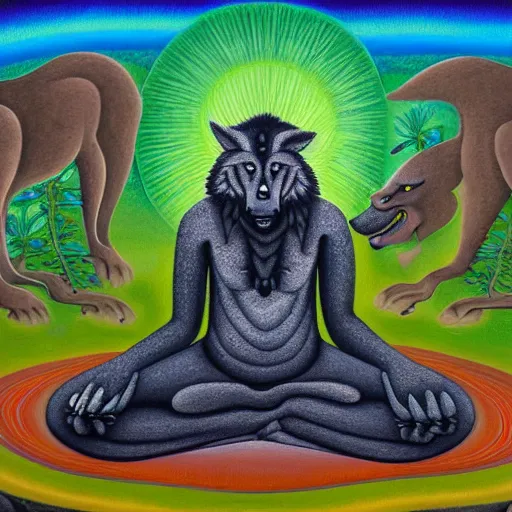 Image similar to an anthromorphic wolf man meditating in a zen garden, by amanda clark and amanda sage in a psychedelic style, oil on canvas