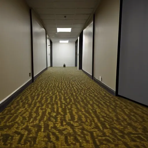 Image similar to photo of a scary shadowy monster in the backrooms, mono - yellow old moist carpet randomly connected infinite empty office space