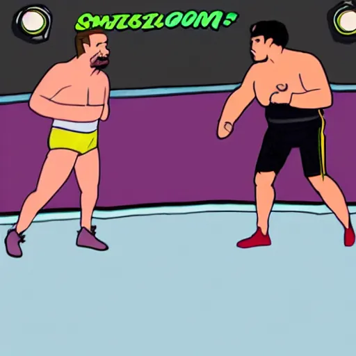 Prompt: a sitcom screenshot of two men fighting in a wrestling ring