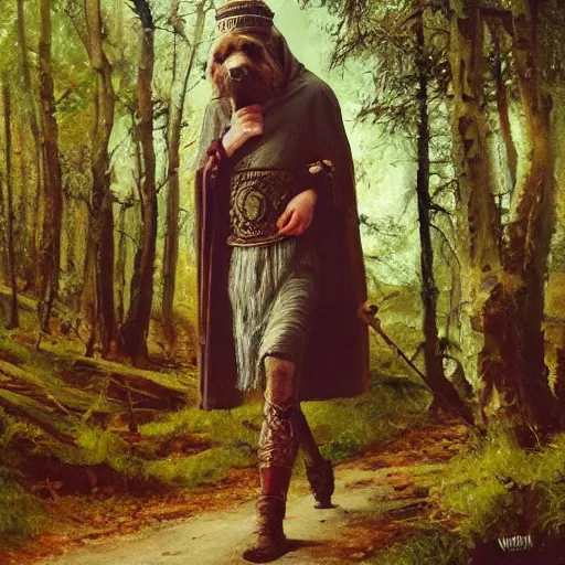 Image similar to Slavic dog head man, woolen torso in medieval clothes, walking in the forest, Orthodox Saint Christopher, oil painting, painting by Viktor Vasnetsov, concept art, hyperrealism, beautiful, high resolution, trending on artstation, by Luis Royo